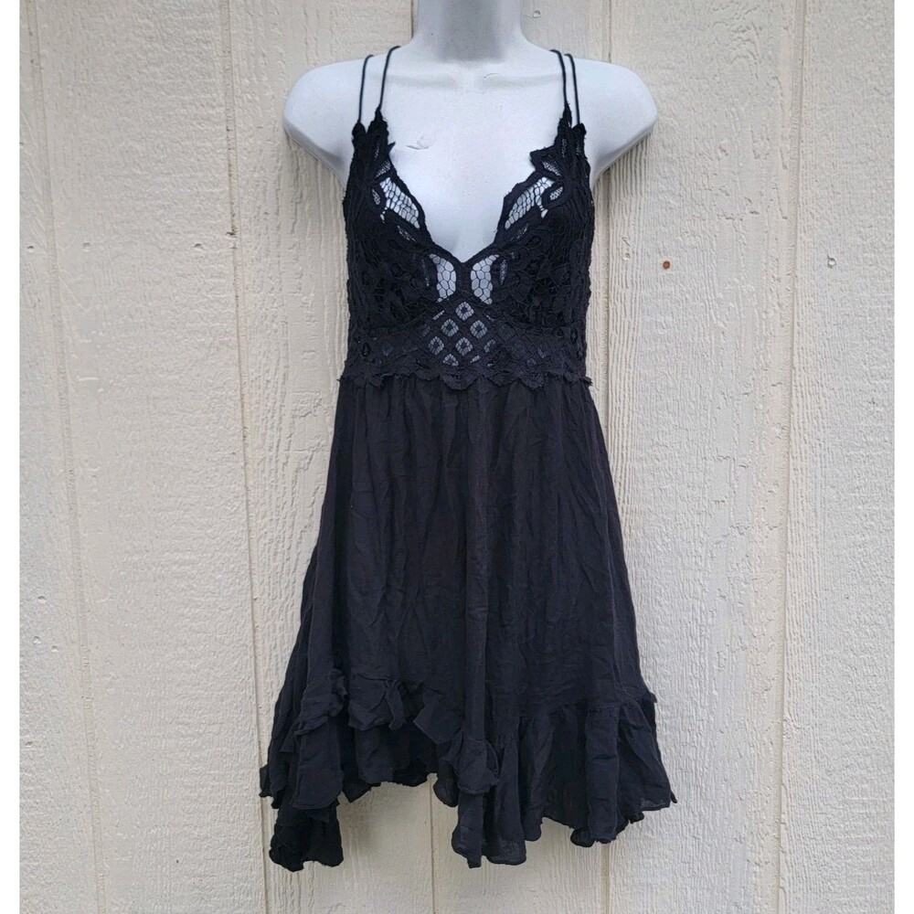 Free People FP One Black Adella Lace Slip Dress Sz M Boho Fairygoth Whimsigoth